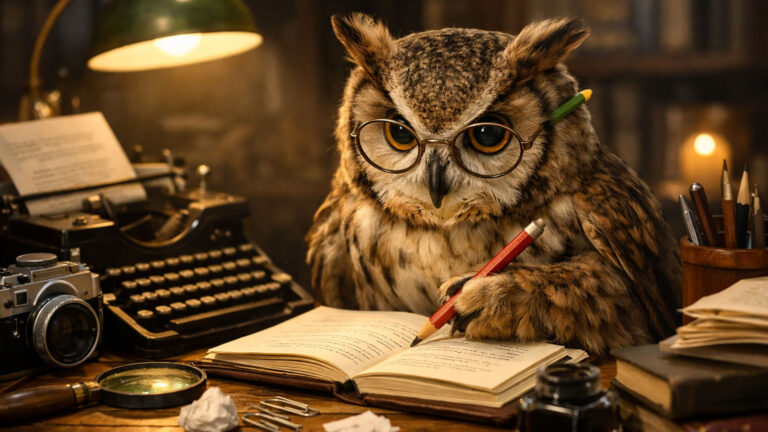 原稿を書くフクロウと、カメラやタイプライターのある編集机