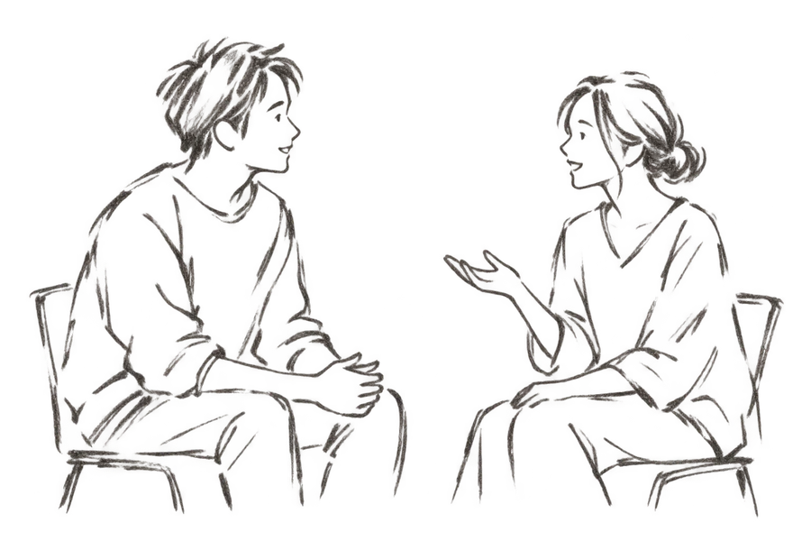 向かい合って穏やかに話す二人の鉛筆画