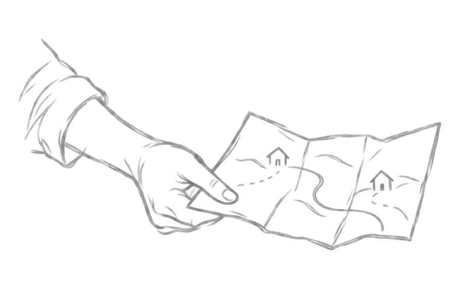 家と道が描かれた地図を差し出す手の鉛筆画