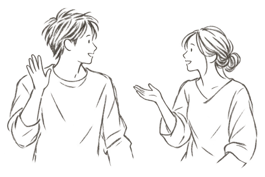 手を上げて親しみを込めて挨拶する二人の鉛筆画