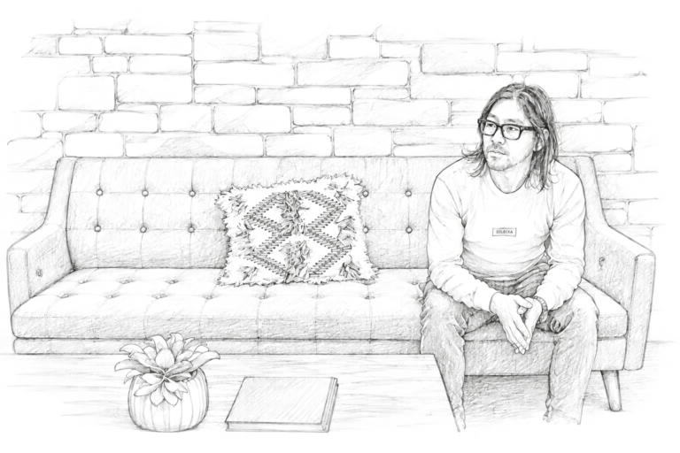 ソファに座って語る古藤格啓先生の線画