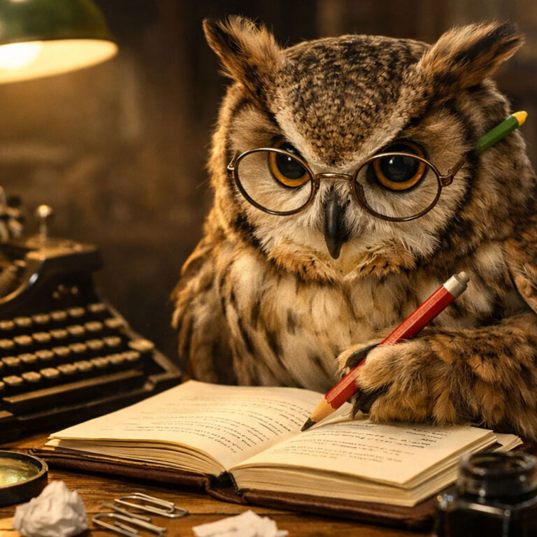 鉛筆を持って本に書き込むフクロウ