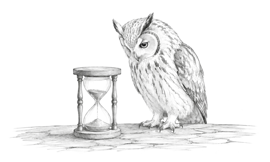 砂時計を見つめるフクロウの線画