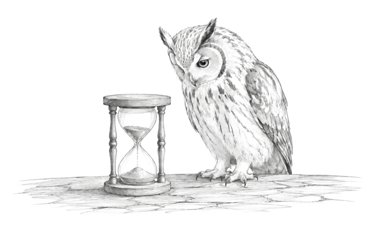 砂時計を見つめるフクロウの線画
